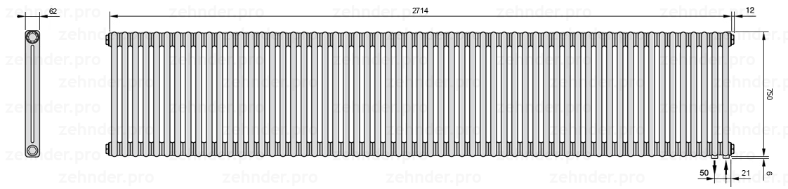Схема (чертеж) Радиатор Zehnder Charleston 2075/59 №5510 Белый глянцевый RAL 9016
